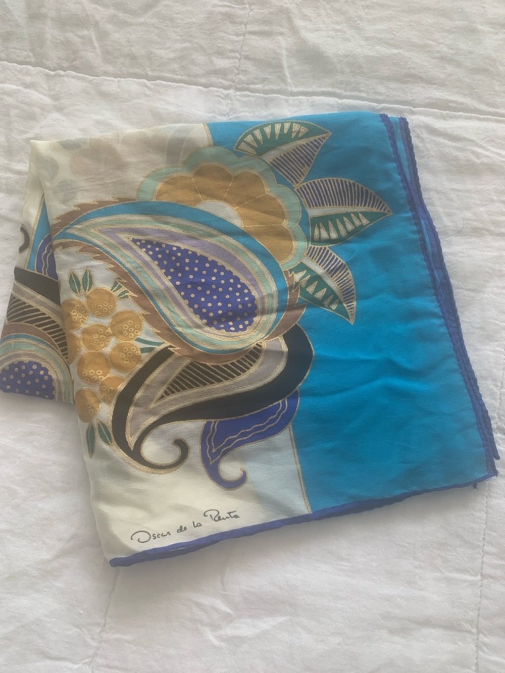 Oscar de la Renta Blue, Gold & Purple Silk Scarf